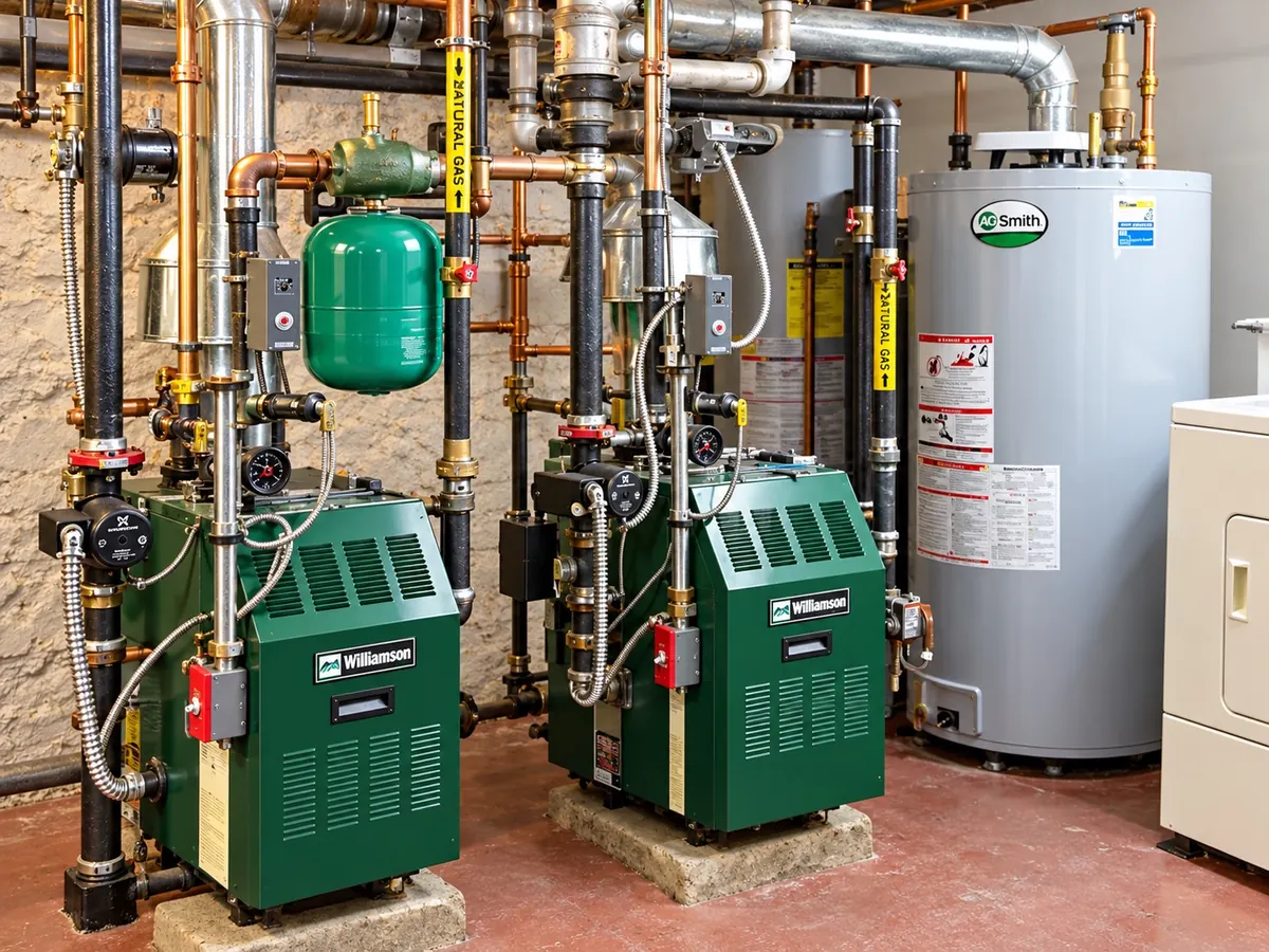 Boiler room installed and piped by Arijen — two green Williamson boilers with copper piping beside an A. O. Smith water heater