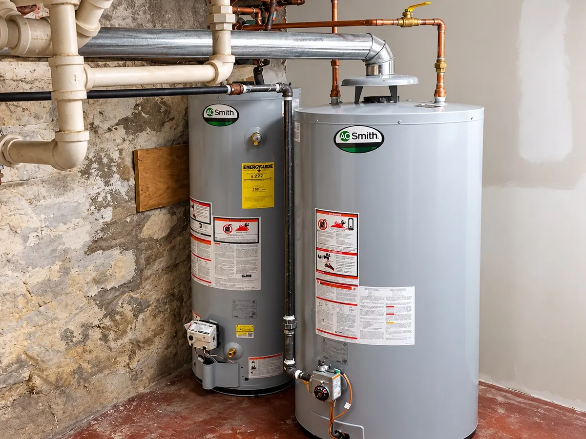 Two water heaters installed by Arijen in a basement mechanical space with copper piping